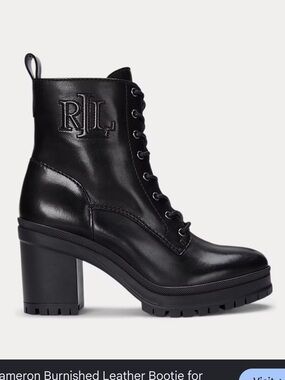 NIB Ralph Lauren Black Burnished Leather Lace-Up Heel Bootie